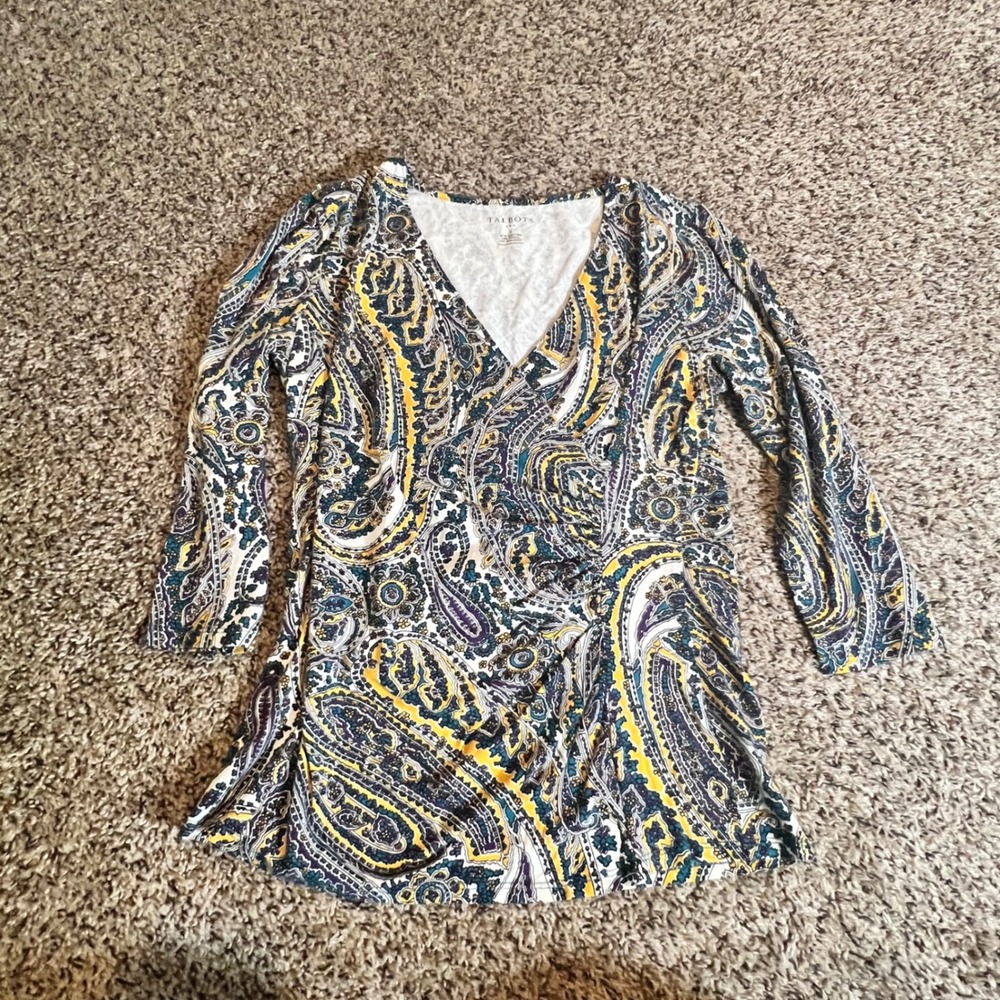 Talbots Womens Paisley Faux Wrap Top Yellow Navy‎ V-Neck 3/4 Sleeve Small